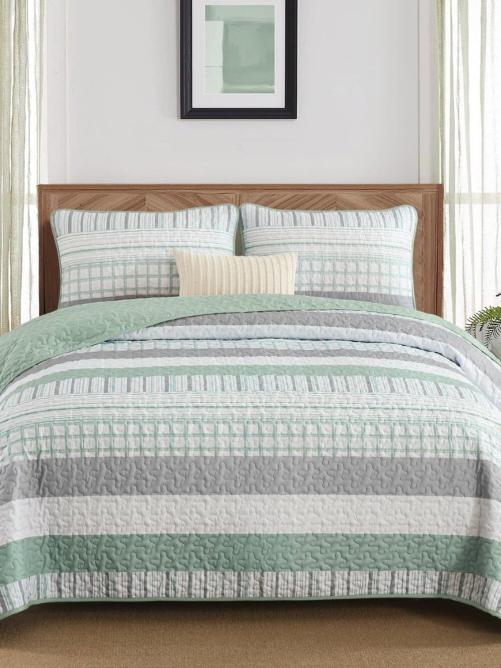 Striped Quilt Set King Size, Sage Green Boho Patchwork Bedding Set 3Pcs